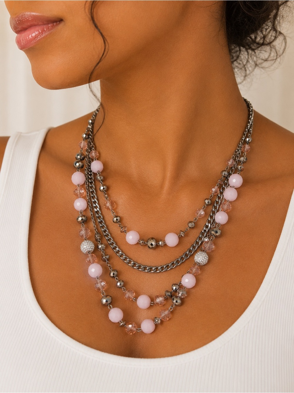 Layered Pink vantage Bead Multi-Chain Necklace - Women Jewelry